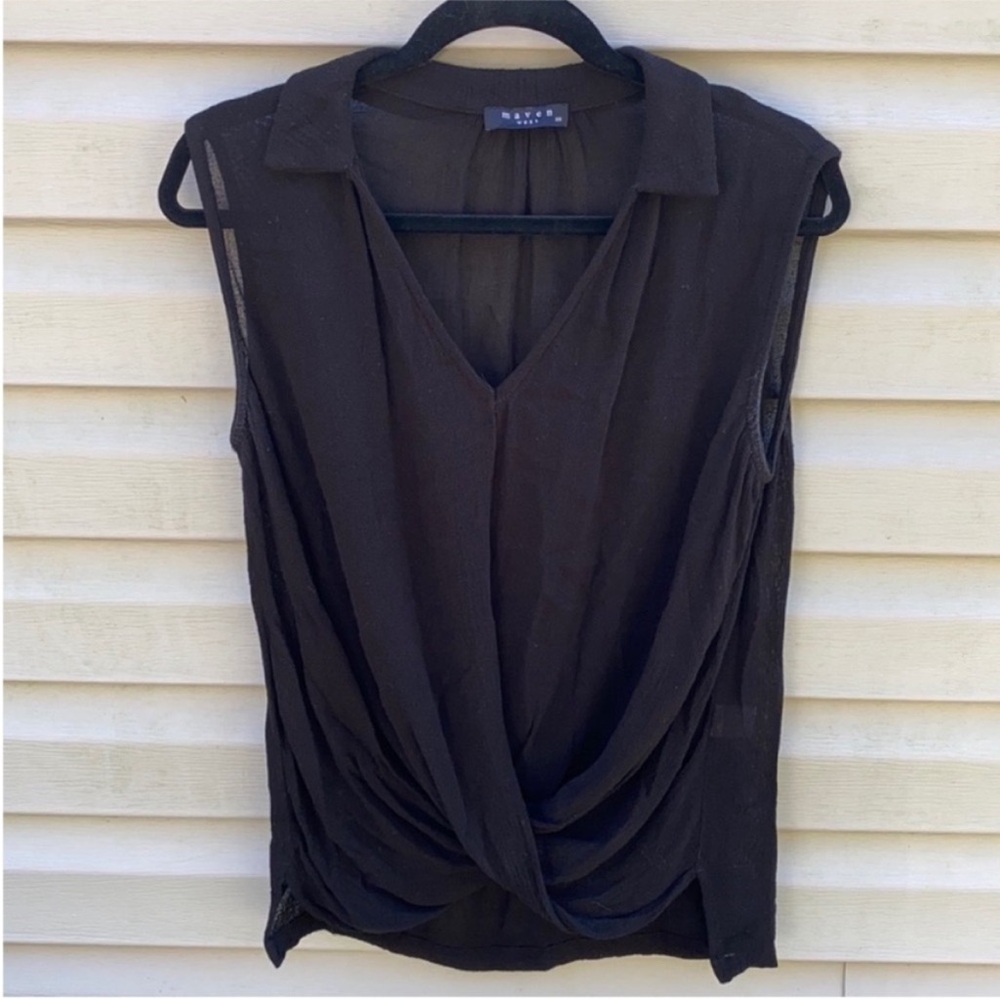 Maven West Draped Front Black 100% Rayon Sleeveless Blouse XS Semi-Sheer V-Neck